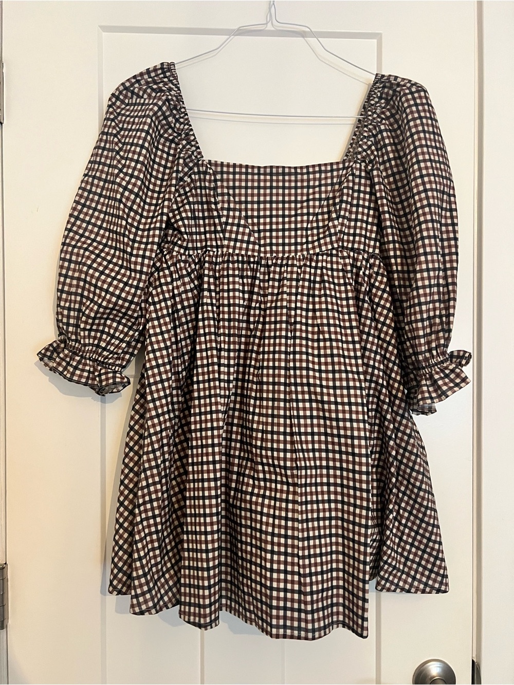 Storia Brown and Cream Plaid Mini Babydoll Dress